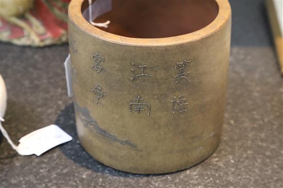 A Chinese Yixing brush pot, H. 13.5cm